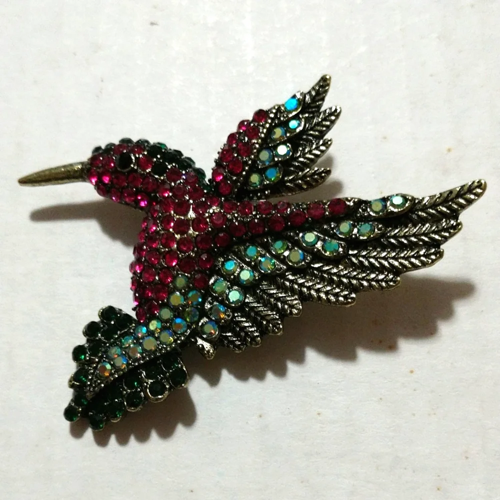 Hummingbird Deluxe Handcrafted Rhinestone Brooch Pin/Pink & Teal Vintage 3